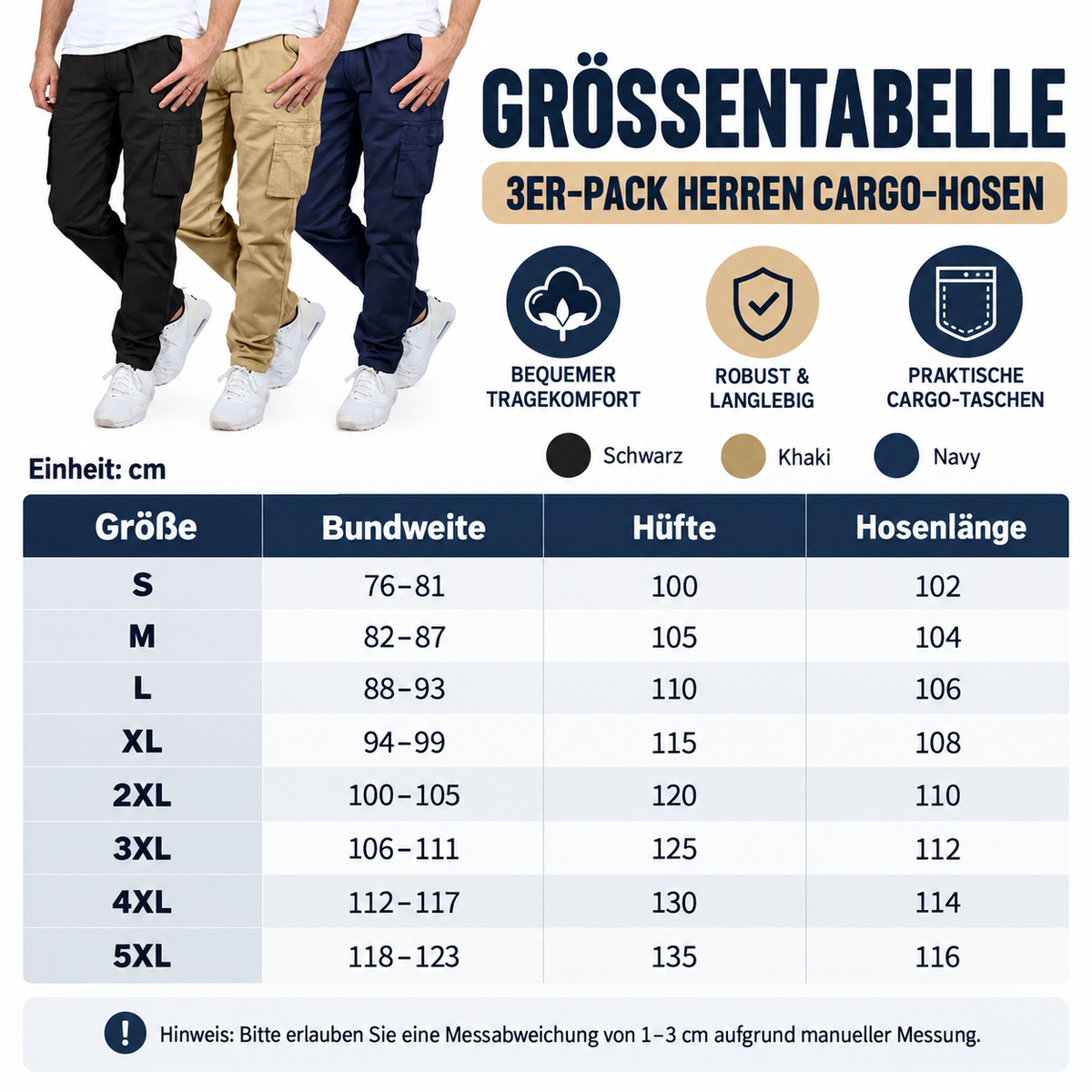 Größentabelle Herren Cargo-Hosen S bis 5XL in cm
