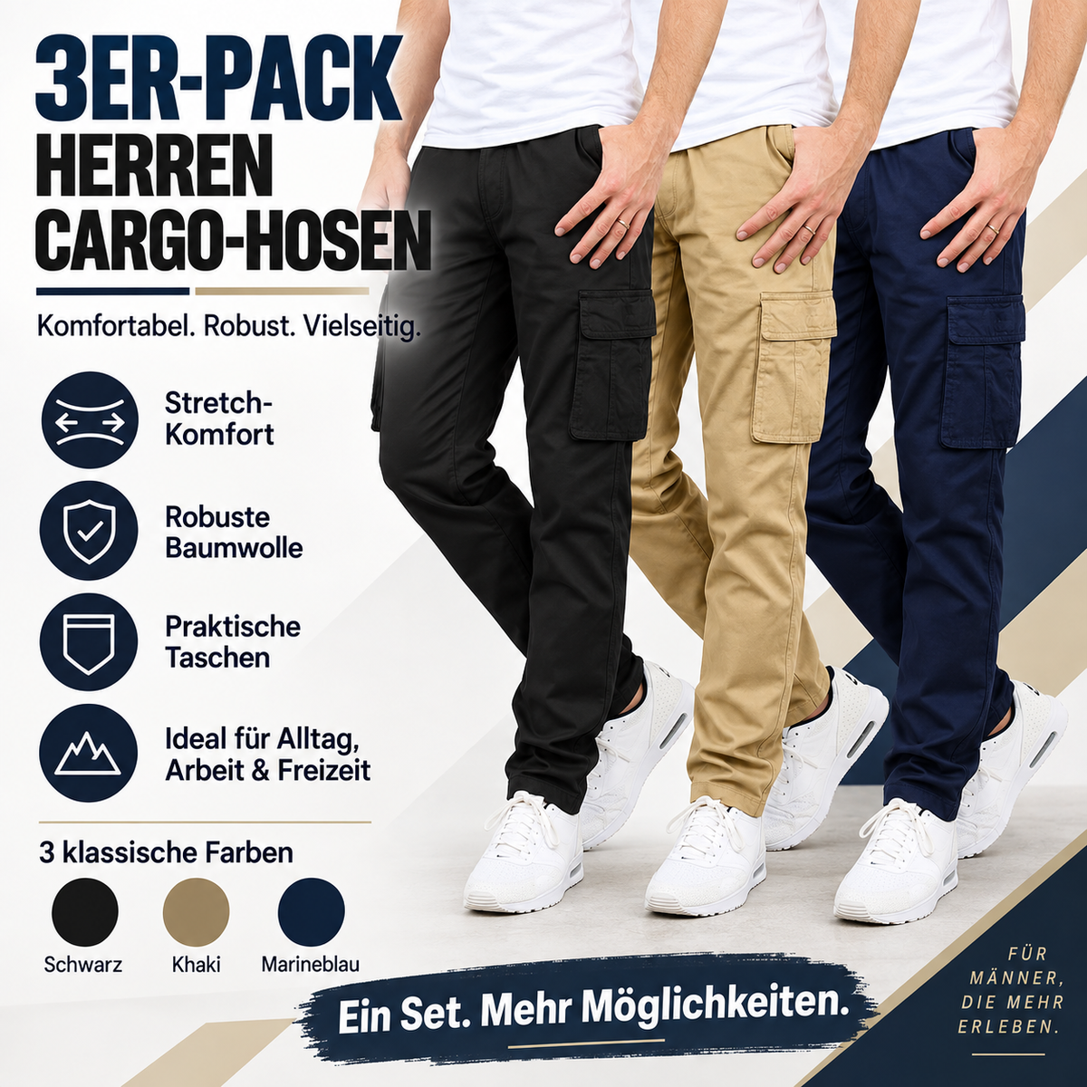 6er-Pack Herren Cargo-Hosen in Schwarz Khaki und Marineblau