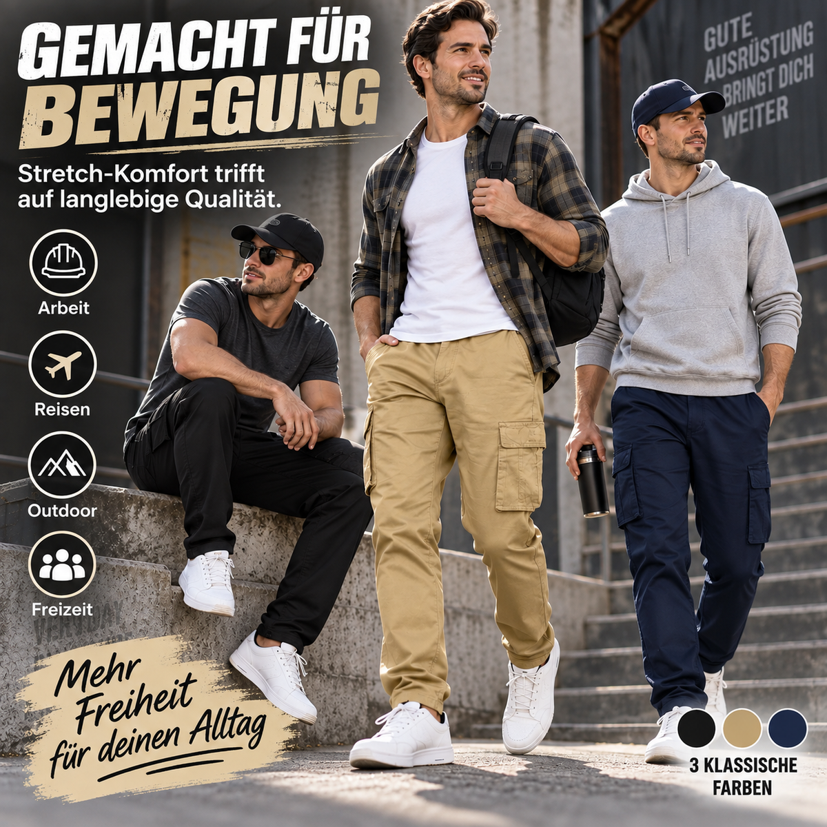 Herren Cargo-Hosen Lifestyle Schwarz Khaki Marineblau